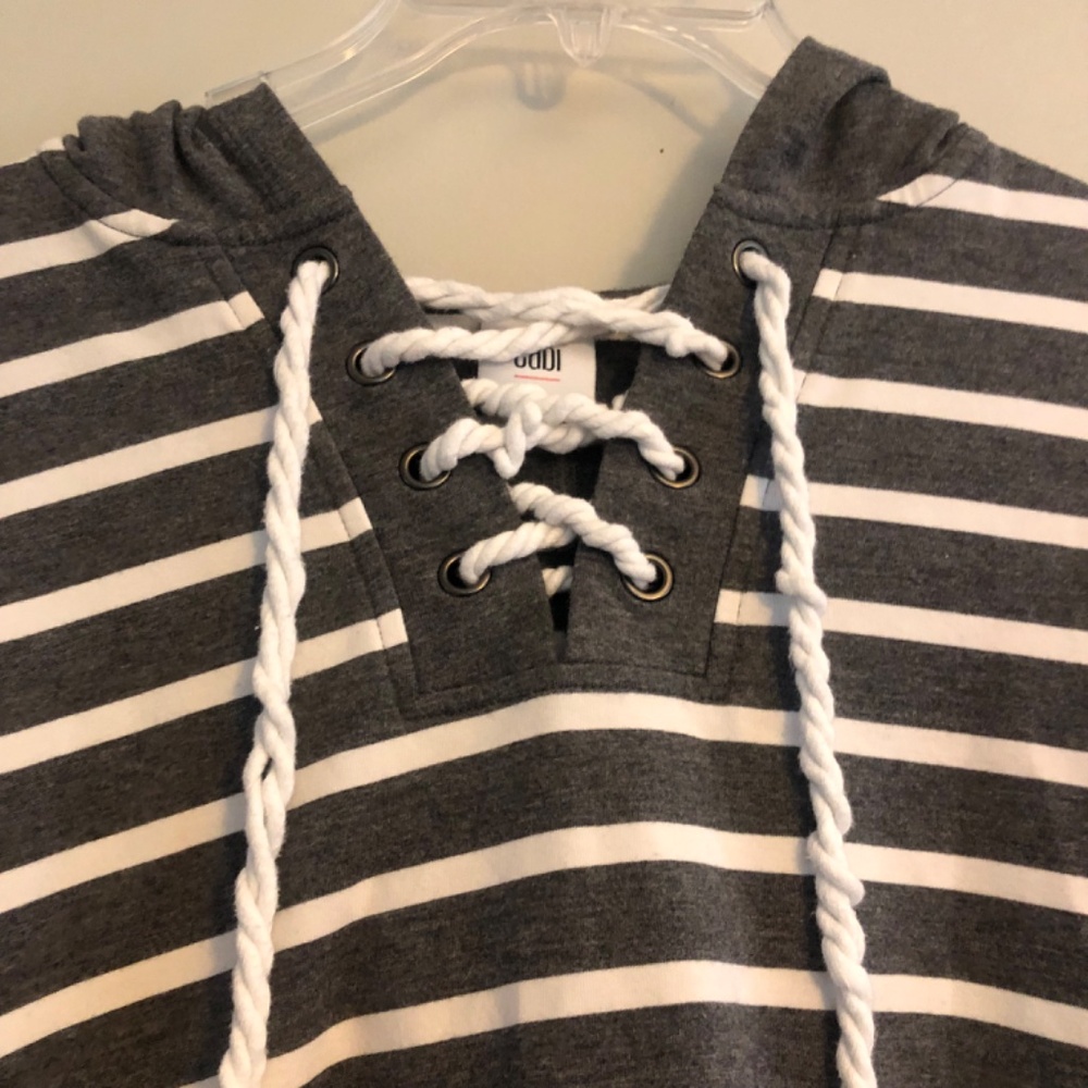 CAbi Windward Hoodie Top Striped Lace Up in Gray White 5324 - Picture 3 of 9